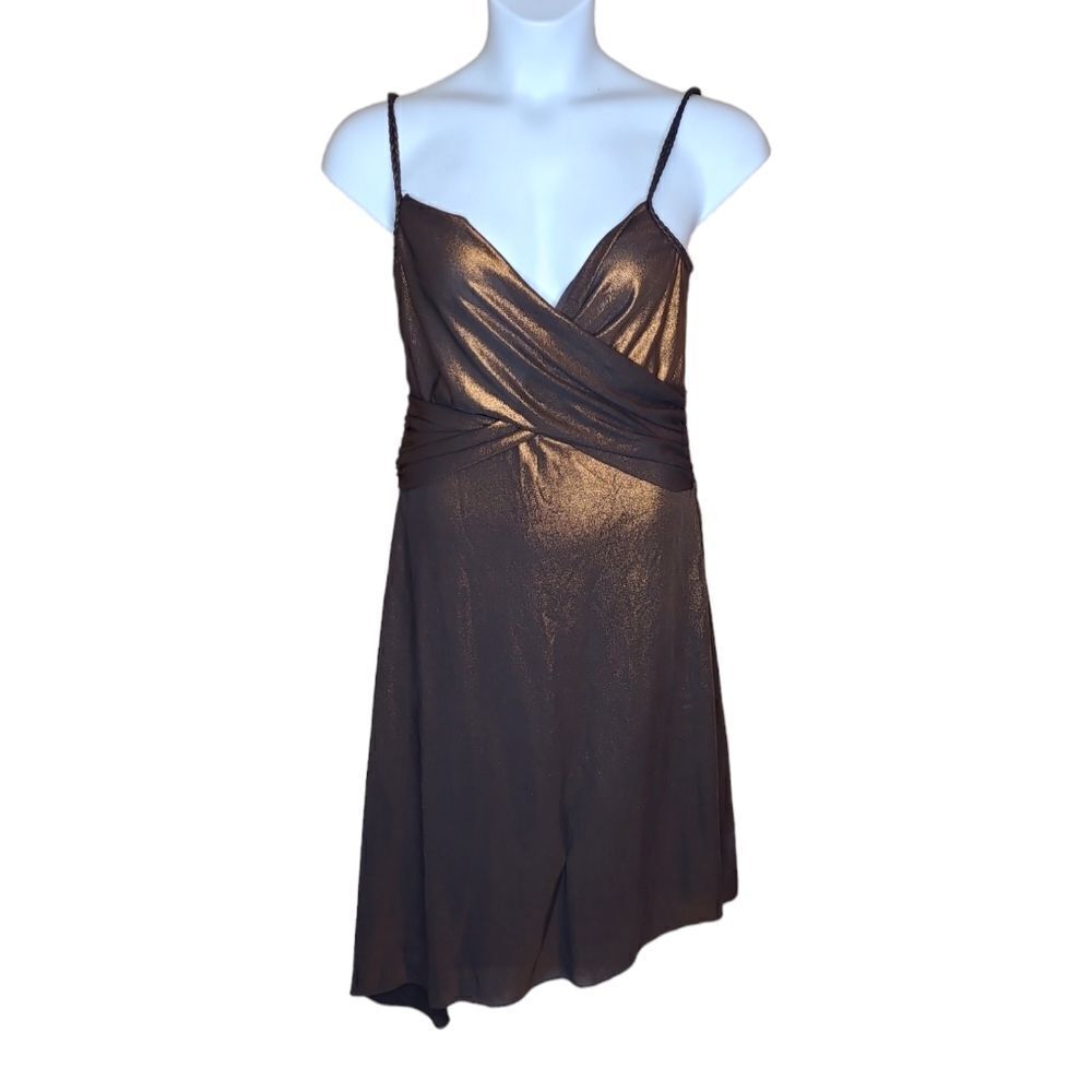 VINTAGE 90s metallic copper asymmetrical hem braided strap formal dress M